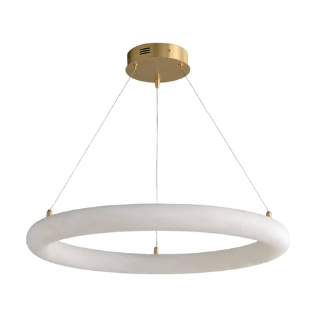 The Seraphis LED Large Alabaster Chandelier - Soft White features a modern circular design with a gold ceiling mount and three slender wires supporting a white ring of natural Spanish alabaster for an elegant, softly glowing centerpiece.