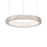 Niori Aurexis 800mm floating ring suspension light in natural Spanish alabaster with soft white finish, integrated LED, hung from three slim cables.