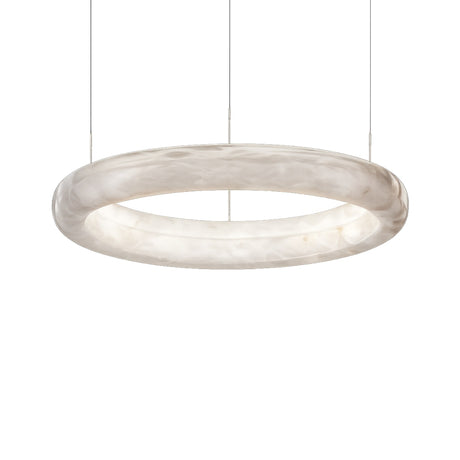 The Aurexis LED Small Floating Ring Alabaster Suspension Light in soft white features a modern circular design with a translucent marbled finish inspired by Spanish alabaster, suspended from the ceiling by three thin wires.