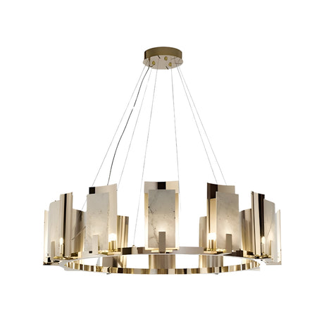 The Aurevon 8 Light Circular Alabaster Chandelier features a copper frame suspended by thin cables, with vertical soft white and metallic panels for striking architectural lighting and integrated lights.