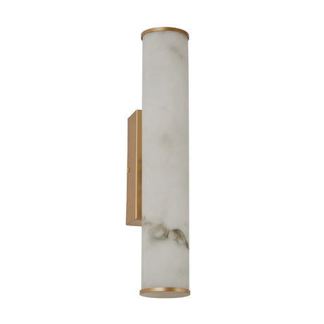 The Montavo LED Large Tube Alabaster Wall Light in soft white features a cylindrical alabaster shade with delicate veining, set on a rectangular brushed brass bracket with gold accents at the top and bottom.