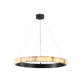 The Lucenza LED Medium Halo Ring Alabaster Chandelier in Matte Black has a glowing outer ring that emits a warm light, suspended by three slim cables from a matte black mount, with an elegant black inner ring for modern style.