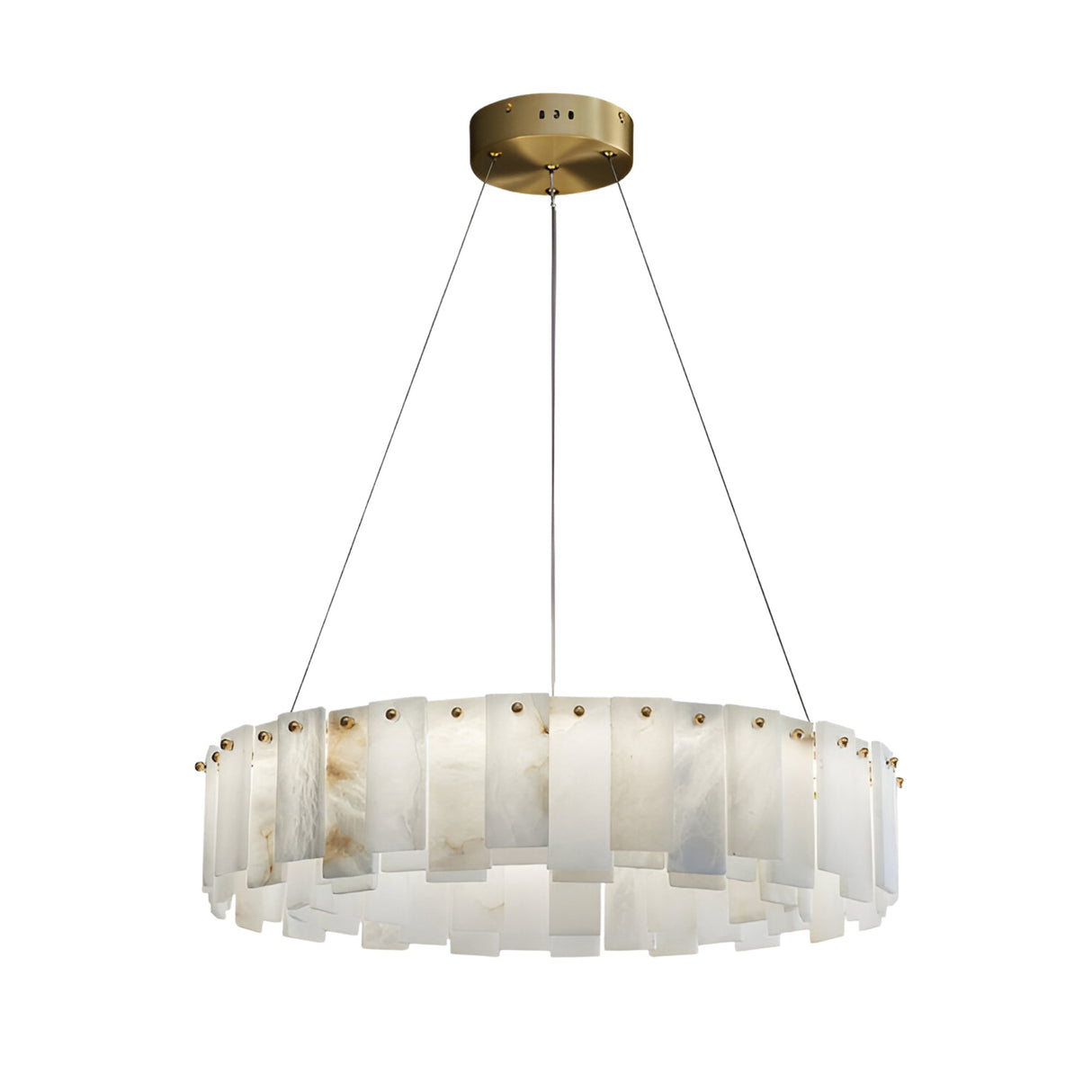 The Valeris 18 Light Layard Panel Alabaster Chandelier features soft white and brass finishes, with vertical Spanish alabaster panels in a circular arrangement suspended by three wires from a gold ceiling mount.