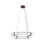 The Vireon LED Medium Alabaster Chandelier – Bronze & Soft White features a modern hexagonal design with a frosted white finish, suspended by four slim cables and an electrical cord from a bronze hexagonal ceiling mount.