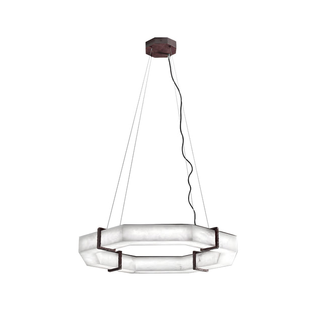 The Vireon LED Medium Alabaster Chandelier – Bronze & Soft White features a modern hexagonal design with a frosted white finish, suspended by four slim cables and an electrical cord from a bronze hexagonal ceiling mount.