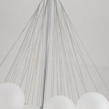 Close-up of the Orb 37 Light Cluster Suspension in silver, featuring multiple chains from a central rod and frosted glass globes, suspended elegantly against a plain white ceiling.
