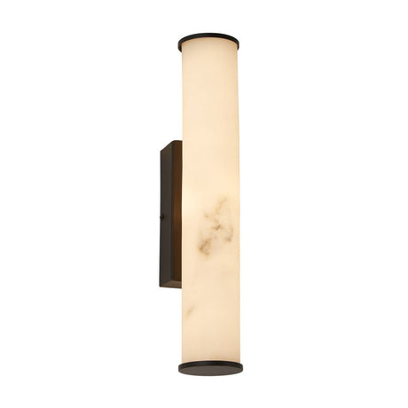 The Montavo LED Large Tube Alabaster Wall Light in soft white and matte black features a modern cylindrical alabaster shade on a rectangular backplate, providing softly diffused light for an elegant ambiance.