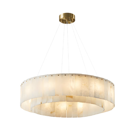 The Arvello 12 Light Layered Panel Alabaster Chandelier features a round brass frame, gold ceiling mount, and four suspension wires. Its circular shade of soft white alabaster panels gently diffuses the light for an elegant effect.