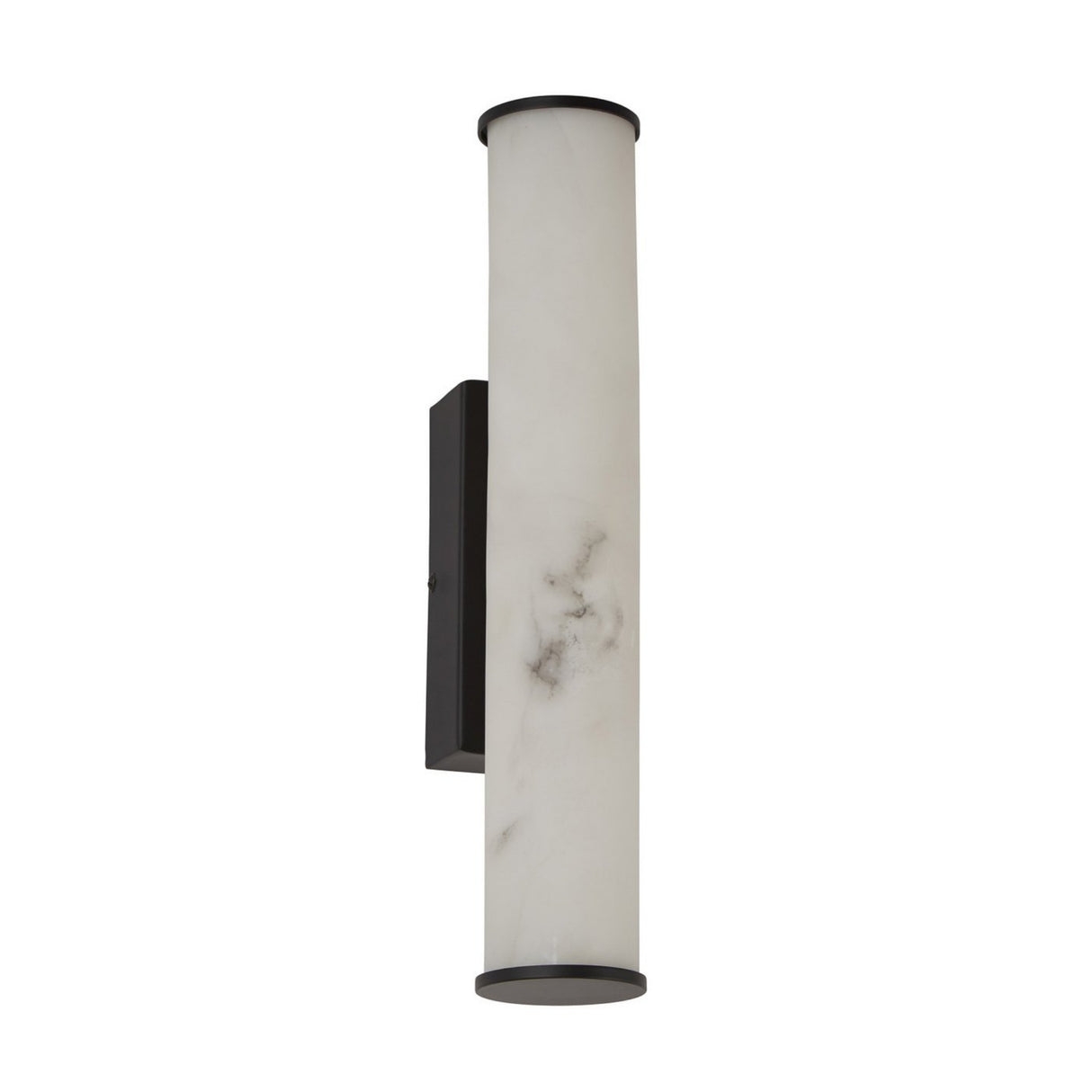 The Montavo LED Large Tube Alabaster Wall Light features a modern matte black finish with a cylindrical white frosted shade and subtle gray veining, mounted on a rectangular backplate, inspired by Spanish alabaster lighting.