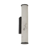 The Montavo LED Large Tube Alabaster Wall Light features a modern matte black finish with a cylindrical white frosted shade and subtle gray veining, mounted on a rectangular backplate, inspired by Spanish alabaster lighting.