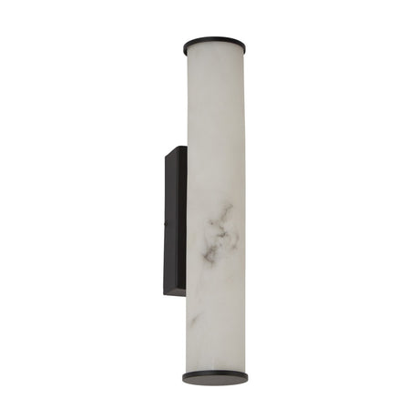 The Montavo LED Large Tube Alabaster Wall Light features a modern matte black finish with a cylindrical white frosted shade and subtle gray veining, mounted on a rectangular backplate, inspired by Spanish alabaster lighting.