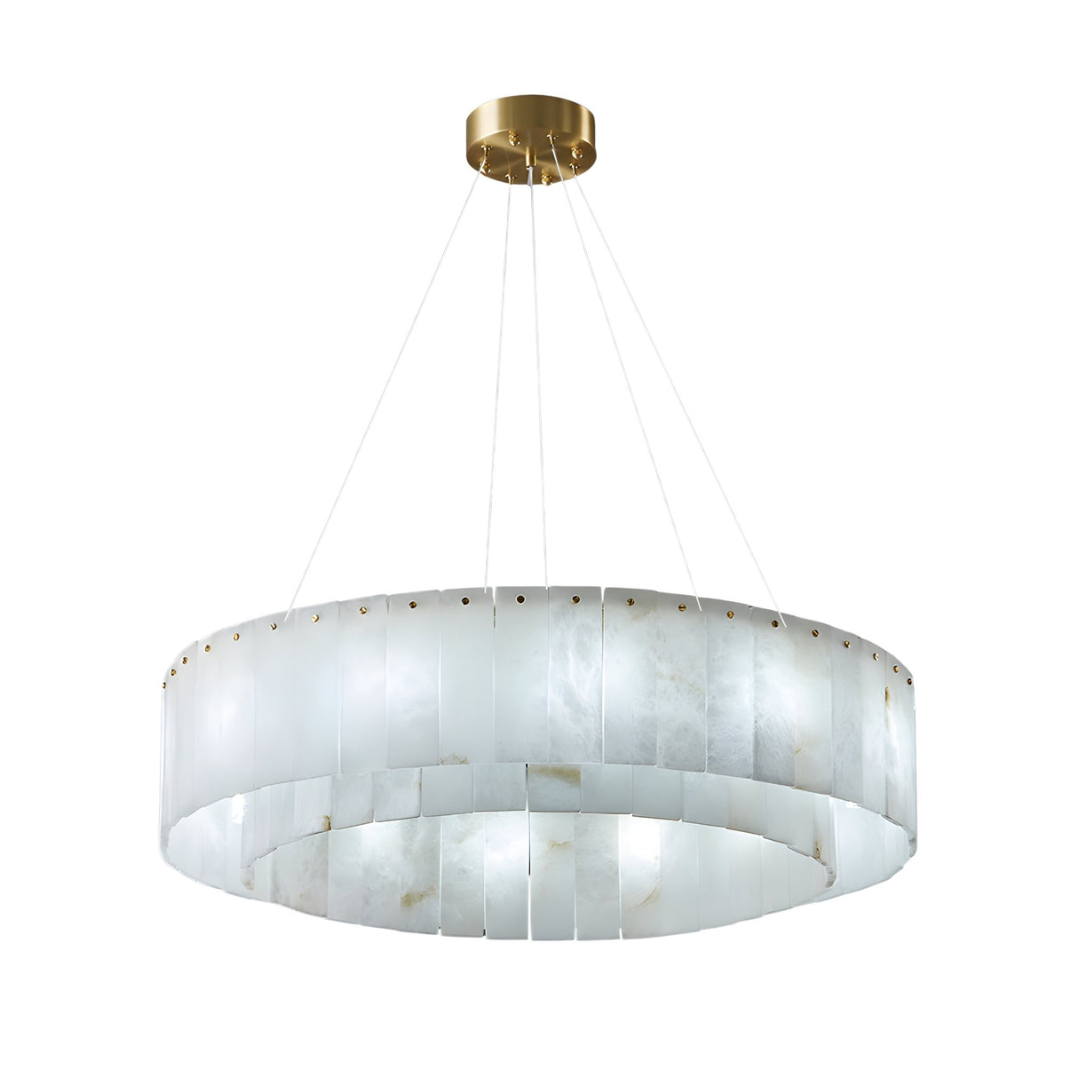 The Arvello 12 Light Layered Panel Alabaster Chandelier features soft white alabaster panels in a circular design, suspended by slim wires from a brass mount for a modern look.
