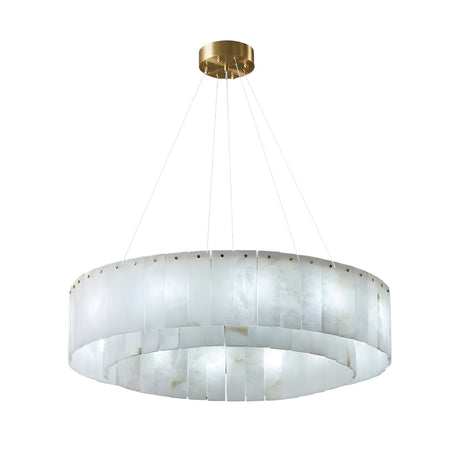 The Arvello 12 Light Layered Panel Alabaster Chandelier features soft white alabaster panels in a circular design, suspended by slim wires from a brass mount for a modern look.