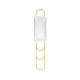 The Catenis 2 Light Small Loop Frame Alabaster Wall Light features a brushed brass frame with gold loops and a soft white cylindrical shade, shown against a plain white background.