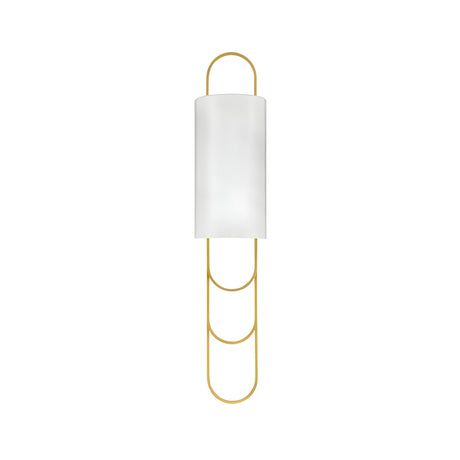The Catenis 2 Light Small Loop Frame Alabaster Wall Light features a brushed brass frame with gold loops and a soft white cylindrical shade, shown against a plain white background.