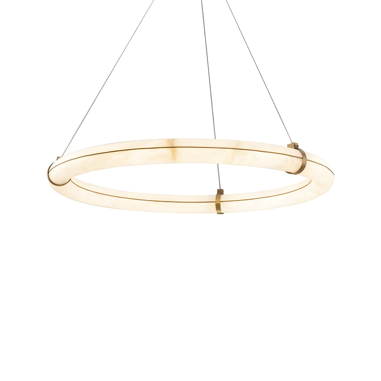 The Aureon LED Medium Alabaster Circular Suspension Light – Soft White features a glowing ring design with a brushed brass frame, suspended by three slim cables from the ceiling, shown isolated on a white background.