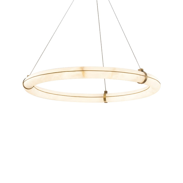 The Aureon LED Medium Alabaster Circular Suspension Light – Soft White features a glowing ring design with a brushed brass frame, suspended by three slim cables from the ceiling, shown isolated on a white background.