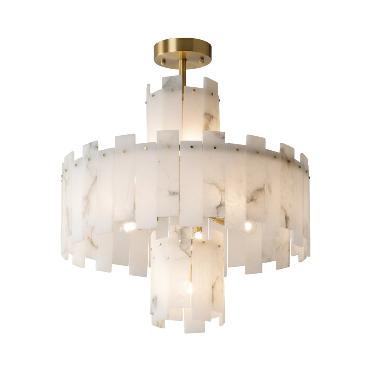 The Zarelli 12 Light Large Interlocking Panel Alabaster Chandelier in Soft White & Brass features layered alabaster panels, a gold ceiling mount, soft bulbs, and an elegant geometric design.