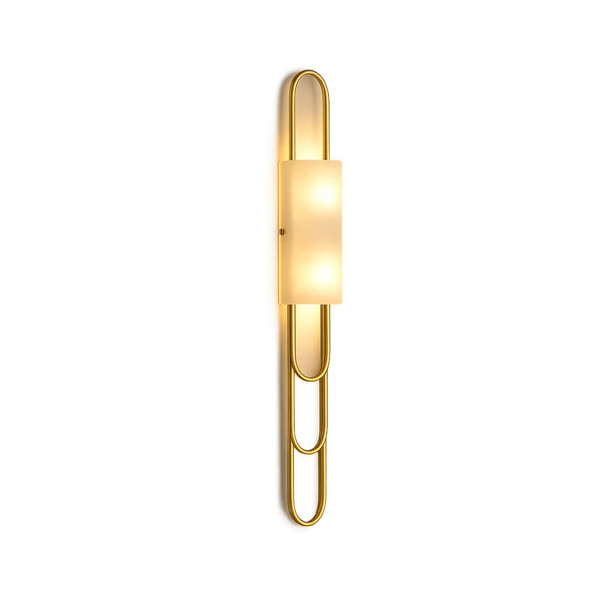The Catenis 2 Light Small Loop Frame Alabaster Wall Light in brushed brass features a rectangular soft white shade, casting a warm, gentle glow against a plain white background.