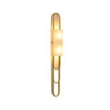 The Catenis 2 Light Small Loop Frame Alabaster Wall Light in brushed brass features a rectangular soft white shade, casting a warm, gentle glow against a plain white background.