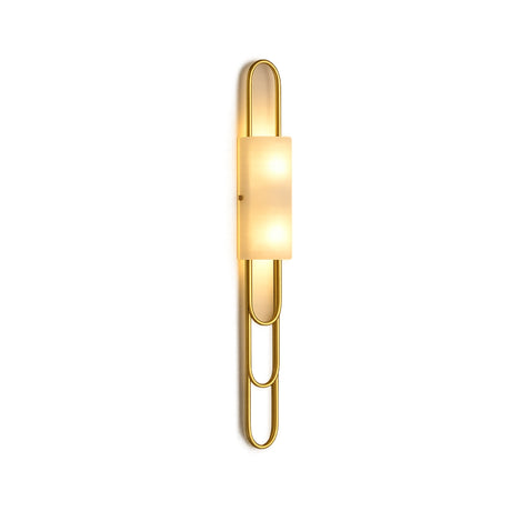 The Catenis 2 Light Small Loop Frame Alabaster Wall Light in brushed brass features a rectangular soft white shade, casting a warm, gentle glow against a plain white background.