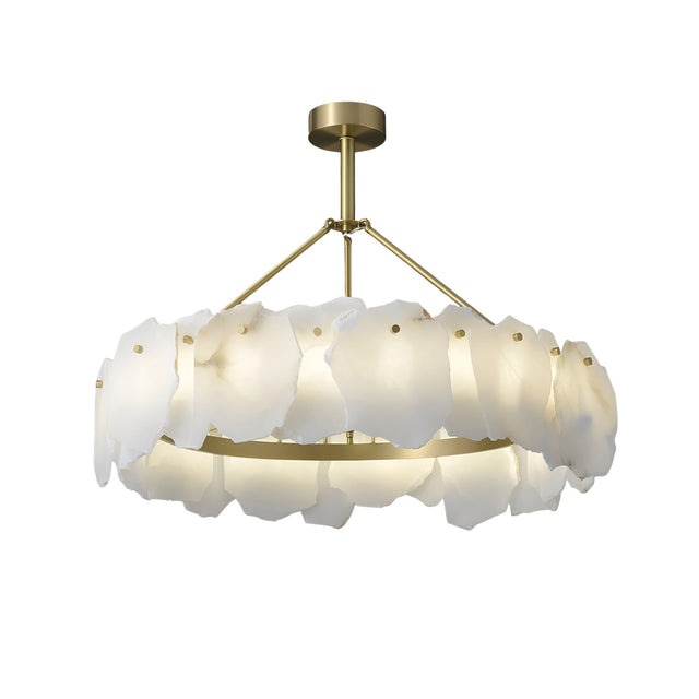 The Marvion LED Medium Petal Alabaster Chandelier features a brass frame and soft white, petal-shaped alabaster panels in a circular design, creating sculptural lighting suspended from the ceiling by a central rod.