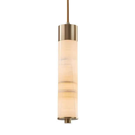 The Elviro LED Large Slim Tube Alabaster Single Pendant Light features a soft white alabaster-like shade and brushed brass accents, emitting a warm glow while hanging gracefully from a slim brass rod.