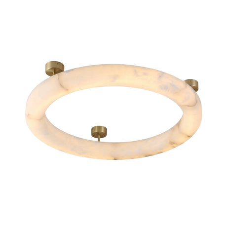 The Orbis Large LED Alabaster Semi-Flush Ceiling Light – Soft White features a circular, marble-like design with three gold brackets and emits a soft, warm glow for an elegant touch to any room.