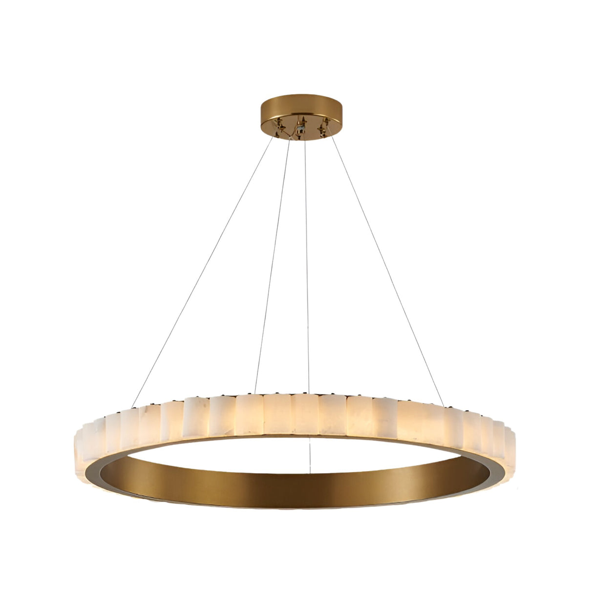 The Lucenza LED Medium Halo Ring Alabaster Chandelier in Brushed Brass is a modern fixture with a halo ring suspended by four wires. Its frosted alabaster segments diffuse integrated light, creating an elegant ambiance.