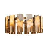 The Caelith LED Large Panel Alabaster Chandelier in brushed brass features rectangular alabaster panels arranged in a circle, emitting warm light through translucent sections for a luxurious effect.