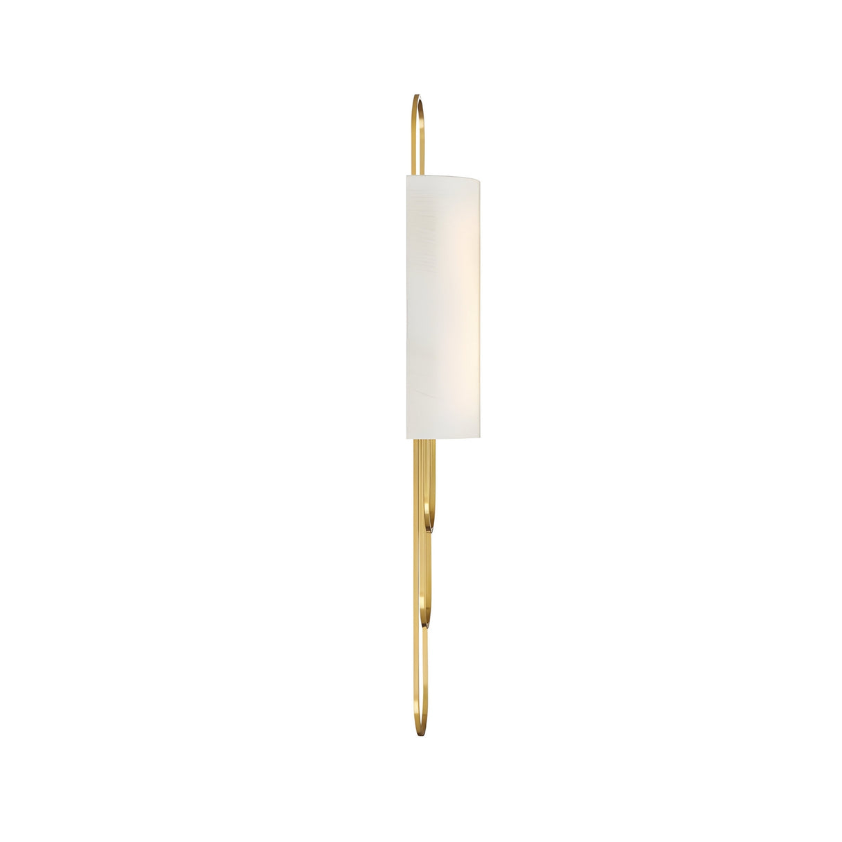 The Catenis 2 Light Small Loop Frame Alabaster Wall Light features a brushed brass vertical frame, small loop detail, and elongated soft white shade, creating a modern look against a plain white background.