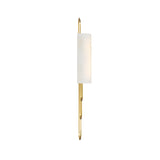 The Catenis 2 Light Small Loop Frame Alabaster Wall Light features a brushed brass vertical frame, small loop detail, and elongated soft white shade, creating a modern look against a plain white background.