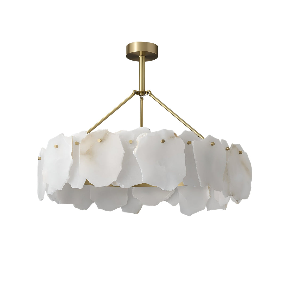 The Marvion LED Medium Petal Alabaster Chandelier in Soft White & Brass features a gold frame and irregular, translucent Spanish alabaster panels in a circular design, suspended by a short rod for modern sculptural lighting.