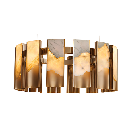 Niori Caelith LED Large chandelier with stepped Spanish alabaster panels and brushed brass blades arranged in a circular ring, shown lit on a white background.