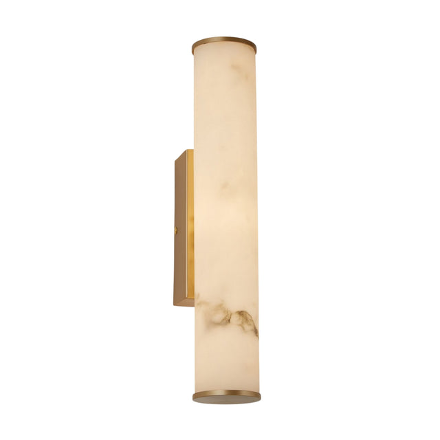The Montavo LED Large Tube Alabaster Wall Light features a cylindrical frosted glass shade with subtle marbling and is mounted on a brushed brass rectangular base for an elegant, modern look.