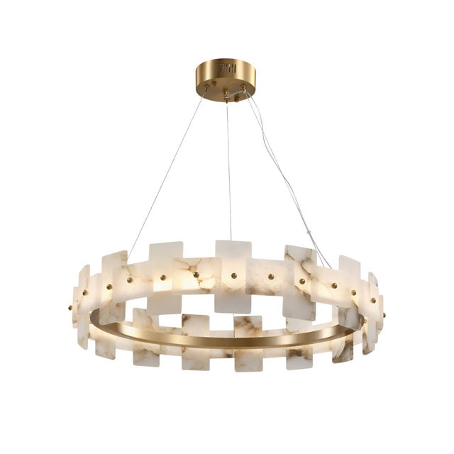 The Ravion LED Medium Panelled Alabaster Chandelier features a brass ring frame with frosted, marble-patterned Spanish alabaster panels and three thin suspension wires, emitting a soft white glow.