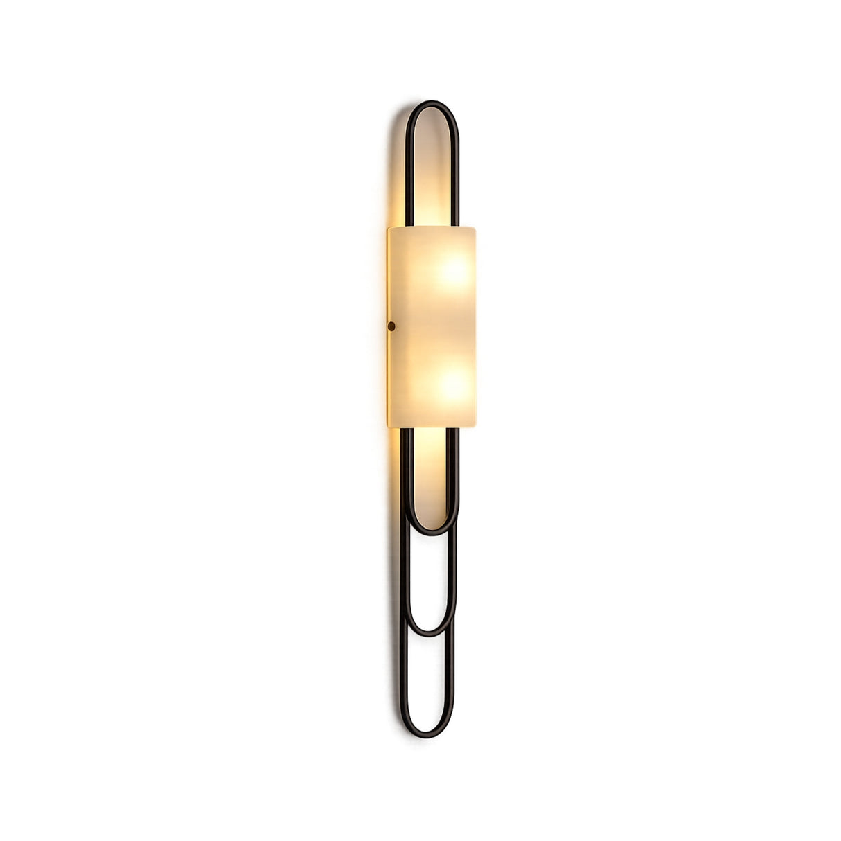 The Catenis 2 Light Small Loop Frame Alabaster Wall Light in matte black features two overlapping oval frames, a central frosted shade for soft white light, and a vertical paperclip-inspired design with a subtle small loop detail.