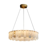 The Valeris 18 Light Layard Panel Alabaster Chandelier features a brass ring, gold ceiling mount, three black suspension wires, and soft white Spanish alabaster panels that emit a warm glow.