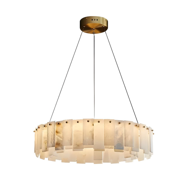 The Valeris 18 Light Layard Panel Alabaster Chandelier features a brass ring, gold ceiling mount, three black suspension wires, and soft white Spanish alabaster panels that emit a warm glow.