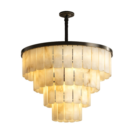 The Auravel 20 Light Large Tiered Alabaster Chandelier in Soft White & Matte Black features sculptural tiers of alabaster panels that emit a warm, diffused glow. Mounted on a black stem, it adds a modern and elegant touch to any space.