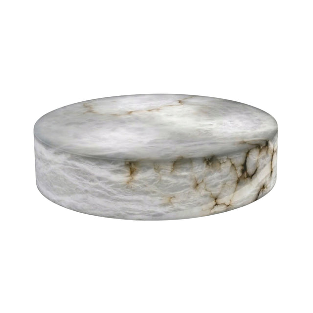The Alurien LED Small Alabaster Coffee Table features a round, flat pedestal design with a smooth alabaster surface in soft white, accented by subtle gray veins, evoking modern elegance.