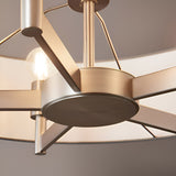 Close-up of Endon Bramstead 5 light pendant showing matt nickel frame arms, central hub, ceiling rod, and grey fabric shade edges with an E27 bulb.