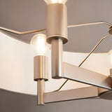 Close-up of the Endon Bramstead 5 Light Pendant showing matt nickel arms, cylindrical lamp holders, exposed E27 bulbs and grey fabric shade edges.