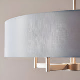 Close-up of Endon Bramstead pendant light showing a grey cotton mix fabric shade and matt nickel plated arm against a neutral background.