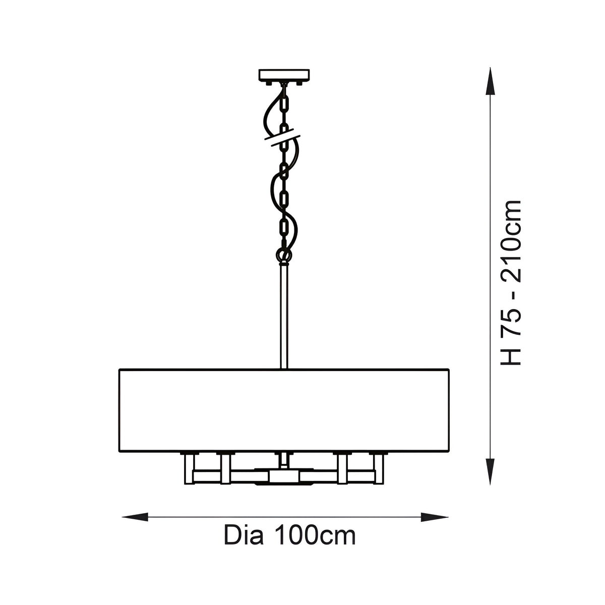 Dimension diagram of the Endon Bramstead 5 light pendant showing 100cm diameter and adjustable 75-210cm height on a white background.