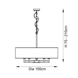 Dimension diagram of the Endon Bramstead 5 light pendant showing 100cm diameter and adjustable 75-210cm height on a white background.