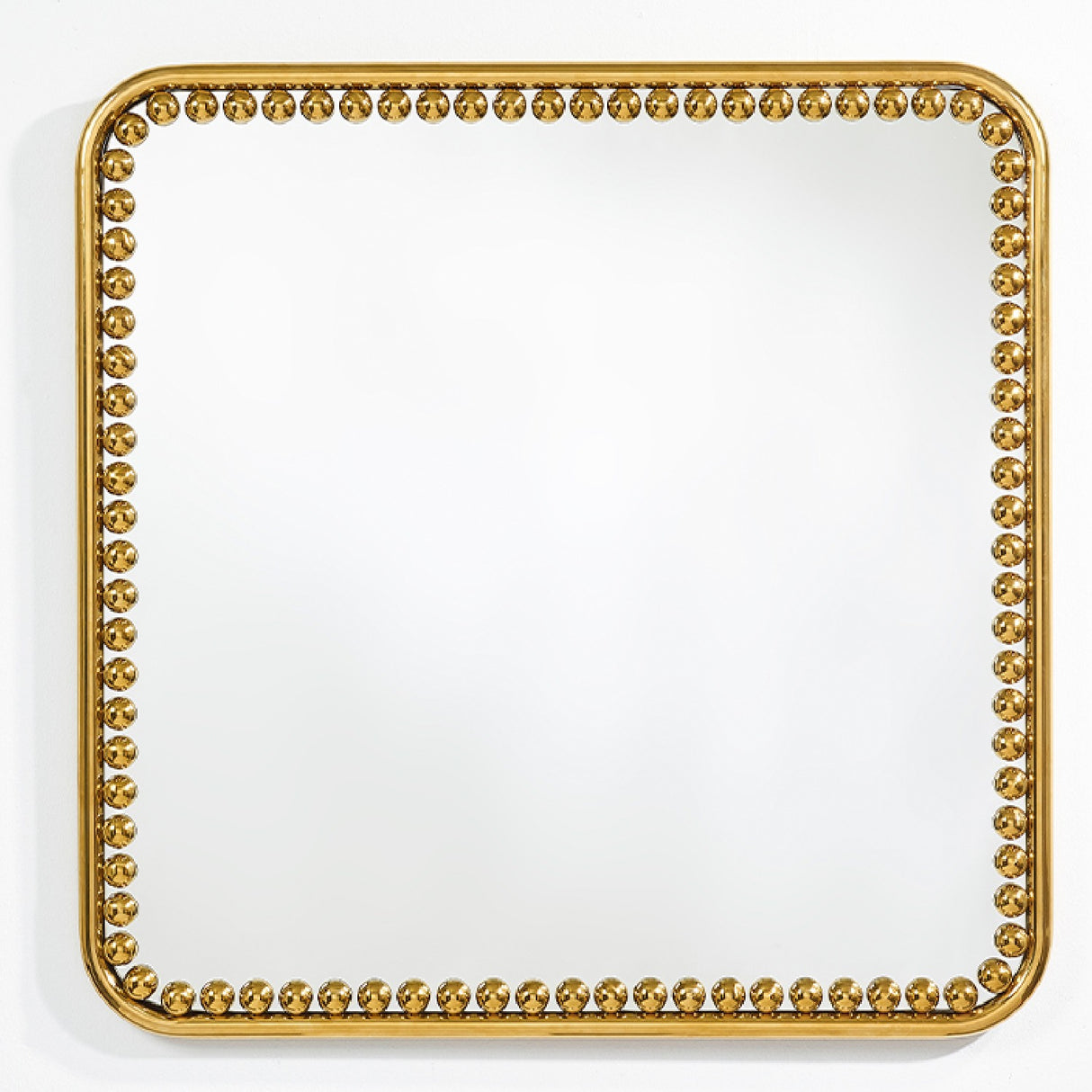 Diva Square wall mirror, 95cm, with a rounded-corner gold frame edged in individual beaded spheres, larger at the corners, shown against a plain white background.