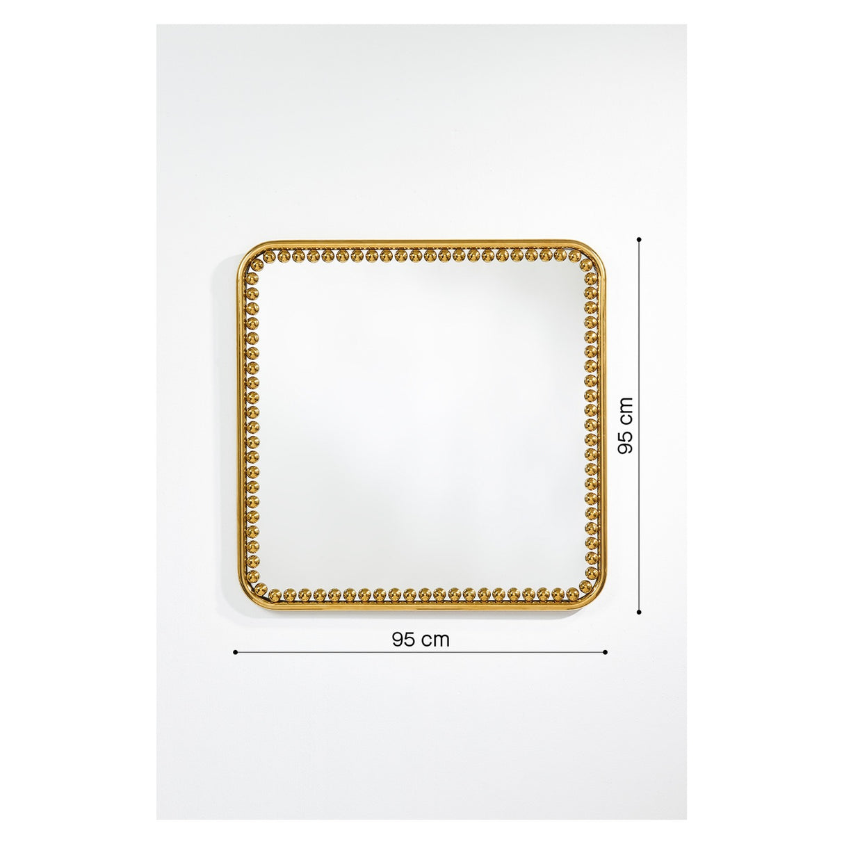 Diva Square 95cm wall mirror with a round-cornered gold beaded frame, larger beads at the corners, shown against a plain white background with dimension markers.