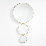 Opera Three Circle Gold Rimmed Wall Mirror 119cm, three connected circular mirrors in decreasing size with slim gold rims, arranged vertically on a plain white background.