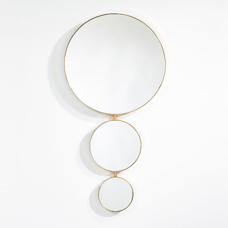 Opera Three Circle Gold Rimmed Wall Mirror 119cm, three connected circular mirrors in decreasing size with slim gold rims, arranged vertically on a plain white background.
